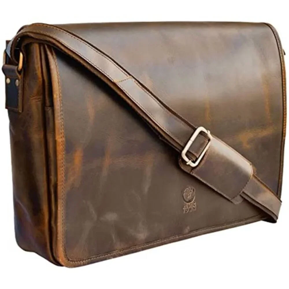 Men's Vintage Leather Messenger Bag Full Grain Leather Laptop Bag, 16